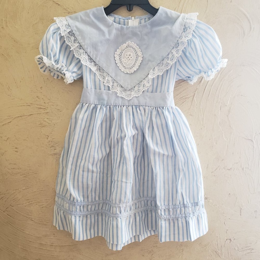 Vintage Sky Blue Striped Youngland Dress with Lace